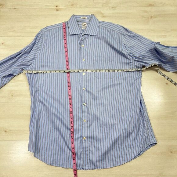 Peter Millar Nanoluxe Button Down Shirt Men 17.5 Long Blue Striped Easycare - Picture 8 of 12